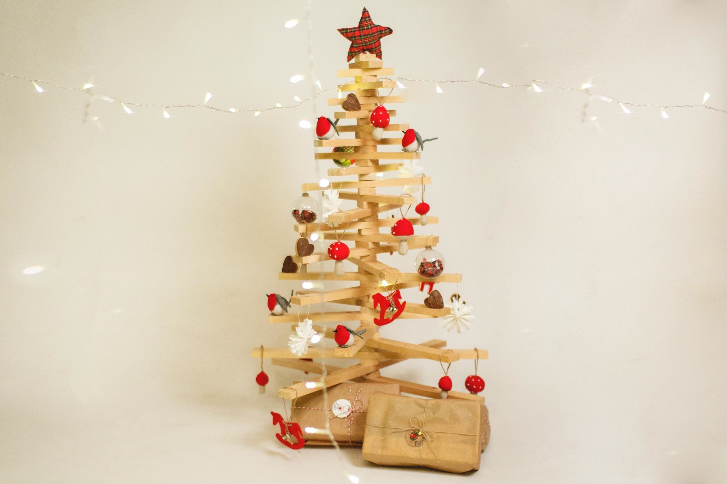 Christmas tree constructed from wooden planks