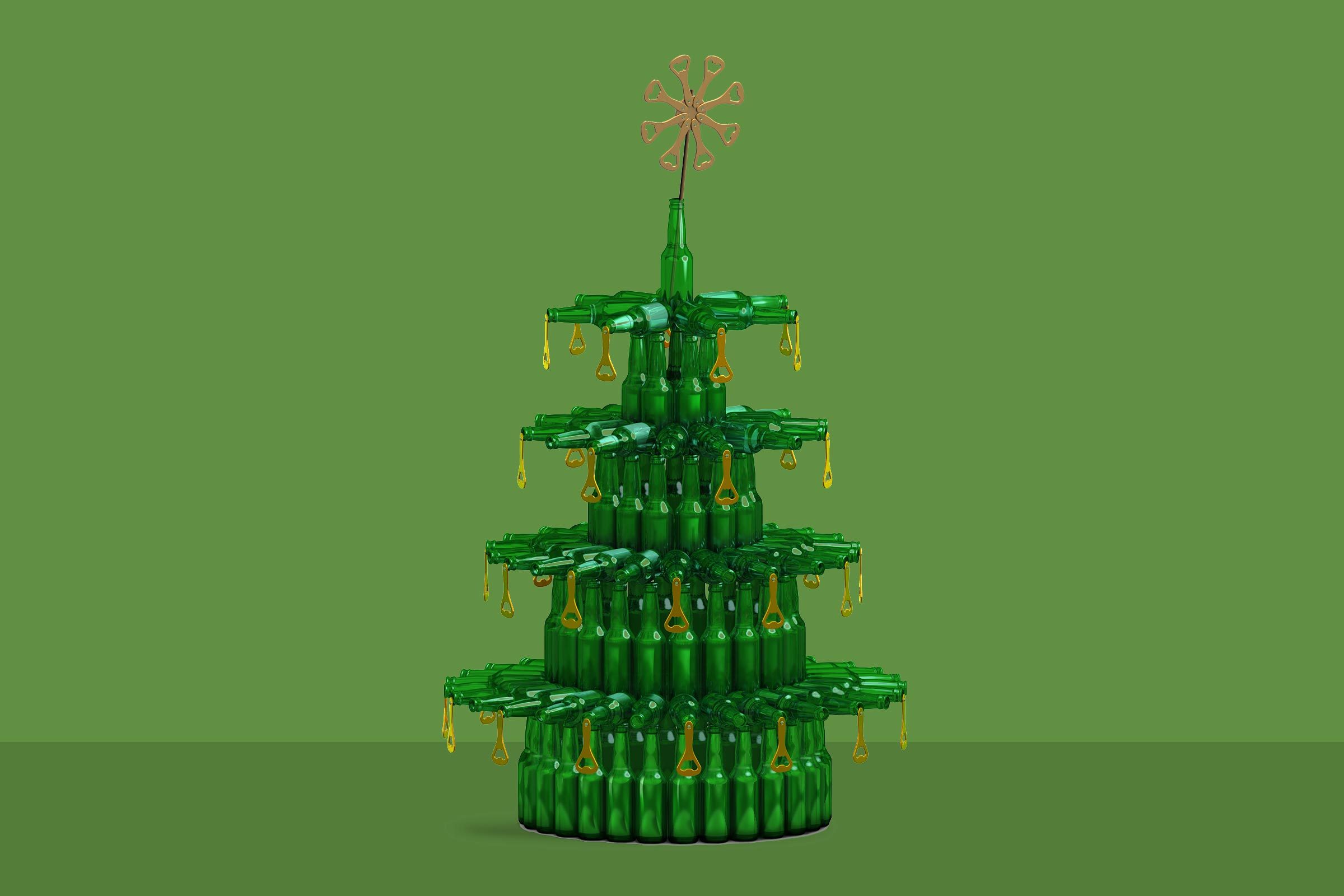 Christmas tree made from green glass beer bottles