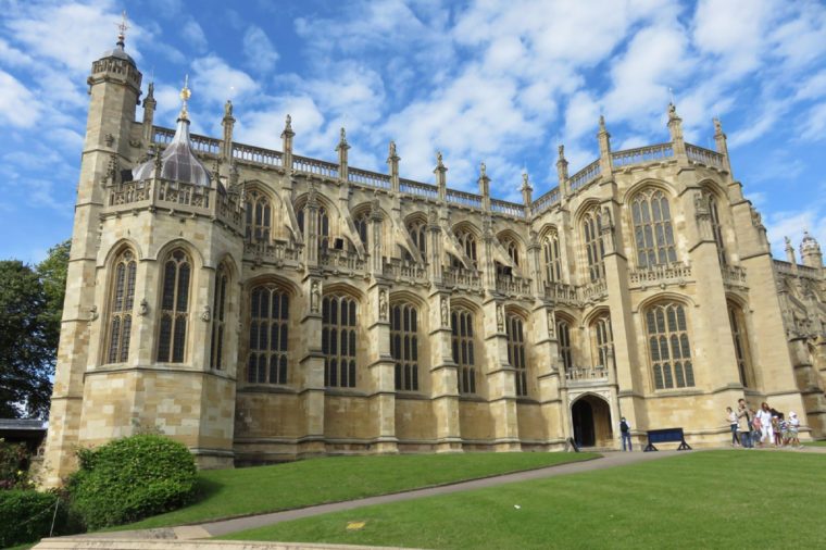 Berkshire, England, 16 August 2017, Outside of St George's Chapel at Windsor Castle and the "Beasts" shown atop the pinnacles