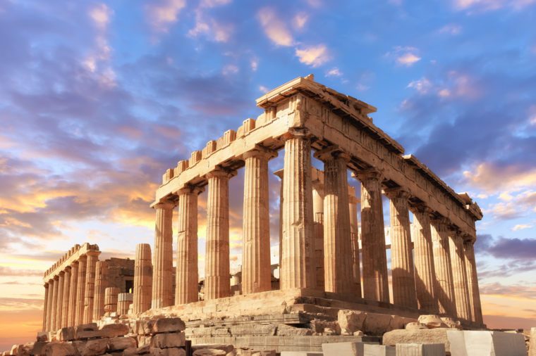 Parthenon temple on a sinset. Acropolis in Athens, Greece, This picture is toned.