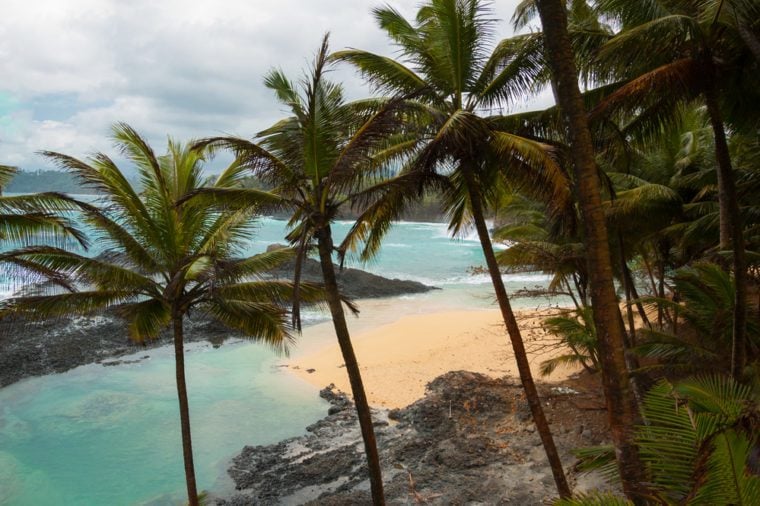 Tropical beach with palm trees and pristine blue sea. Praia Piscina, Sao tome and Principe.