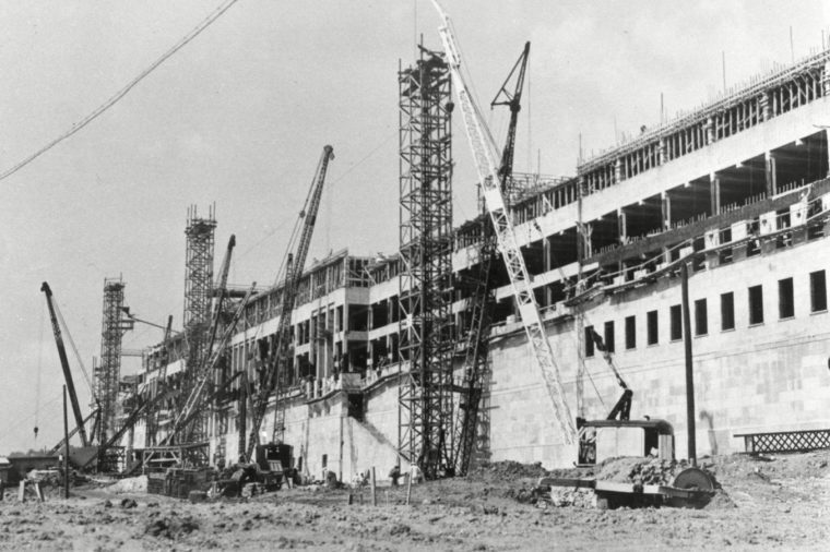 This is a 1942 photo of the early construction of the Pentagon in Arlington, Virginia. The groundbreaking ceremony took place on . The building was dedicated on January 15, 1943, nearly 16 months to the day after the groundbreaking