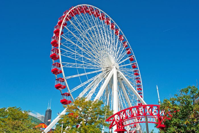 Chicago, Illinois: view of Navy Pier and Ferris Wheel on September 22, 2014. The original Ferris Wheel was constructed by George Washington Gale Ferris Jr as a landmark for the 1893 World's Fair