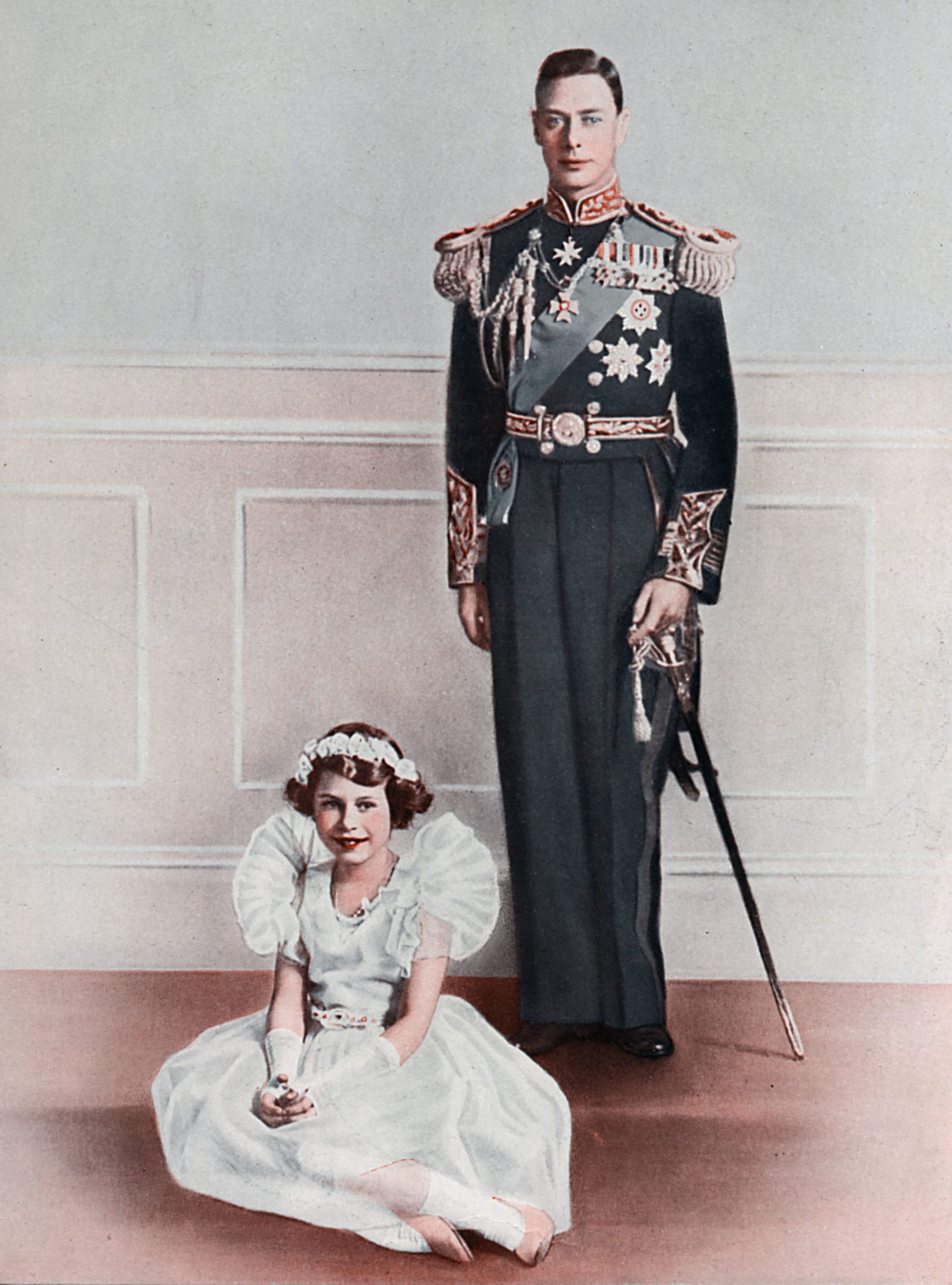 Historical Collection 84 King George Vi Stands Behind His Eldest Daughter Princess Elizabeth Who is Wearing A Bridesmaid Dress 1936