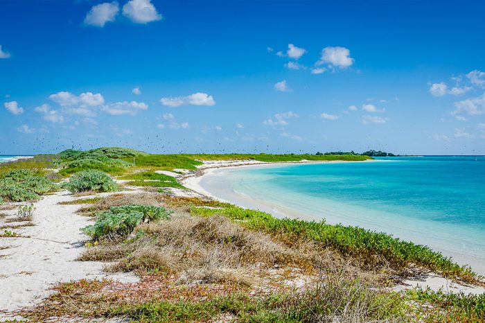 Garden Key, FL / USA - 02-09-2015: Beach and peninsula on Garden Key, closed seasonally for migrating bird nesting. Garden Key is one of the Florida islands forming Dry Tortugas National Park.