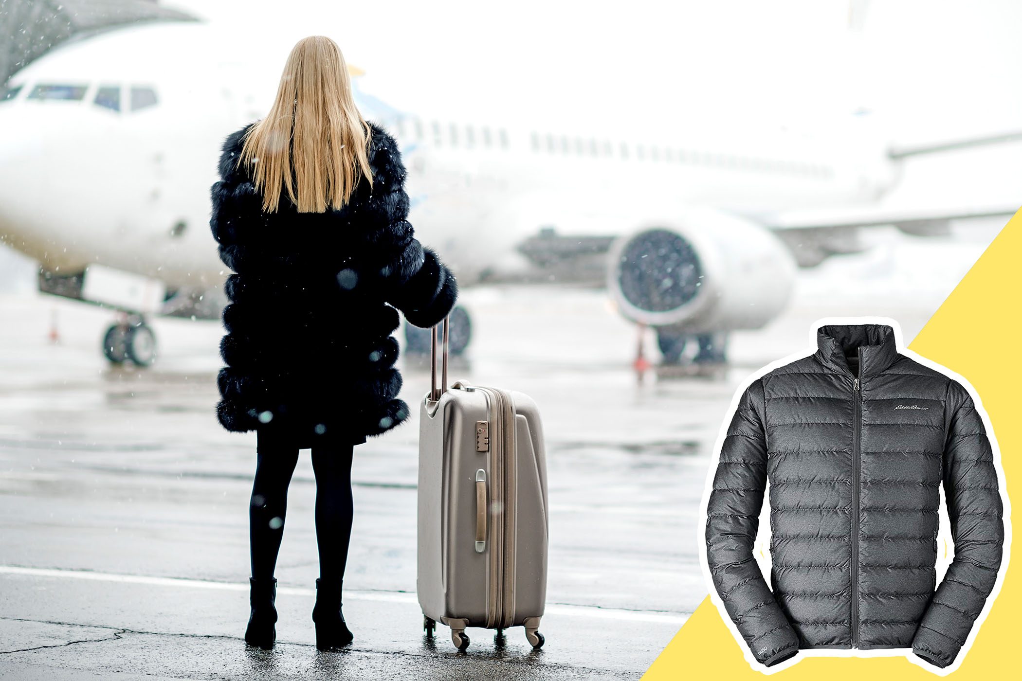 woman wearing bulky coat near airplane with inset of light coat