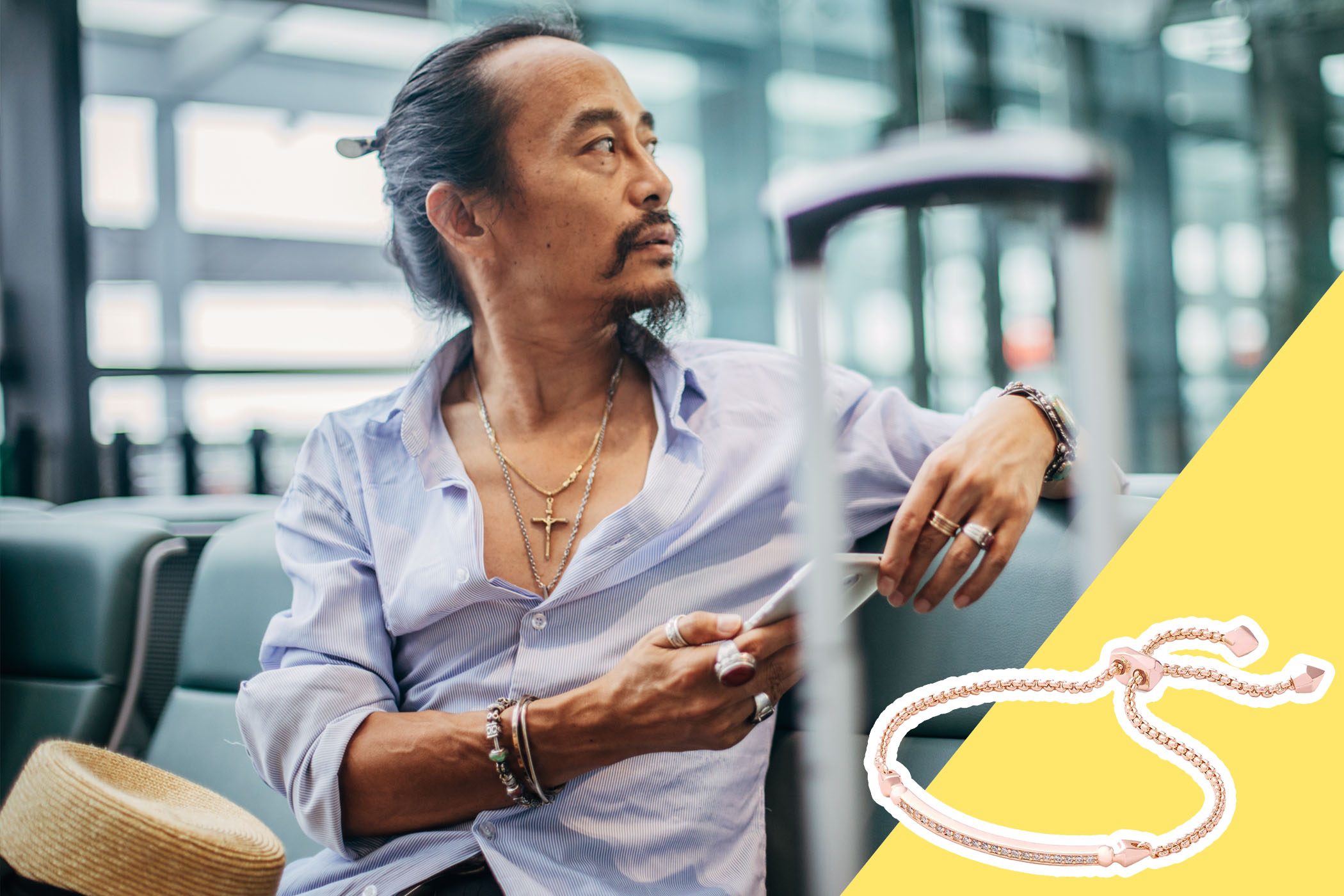 Man wearing jewelry in an airport with inset of a bracelet to buy