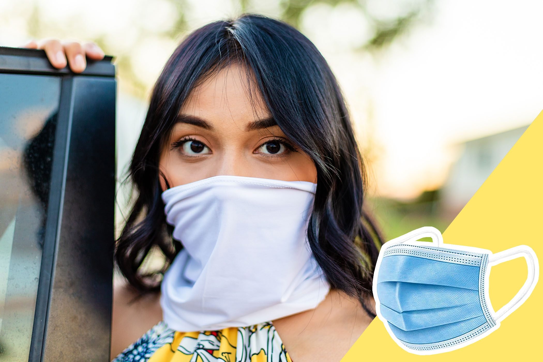 Woman wearing neck gaiter with inset of a disposable facemask