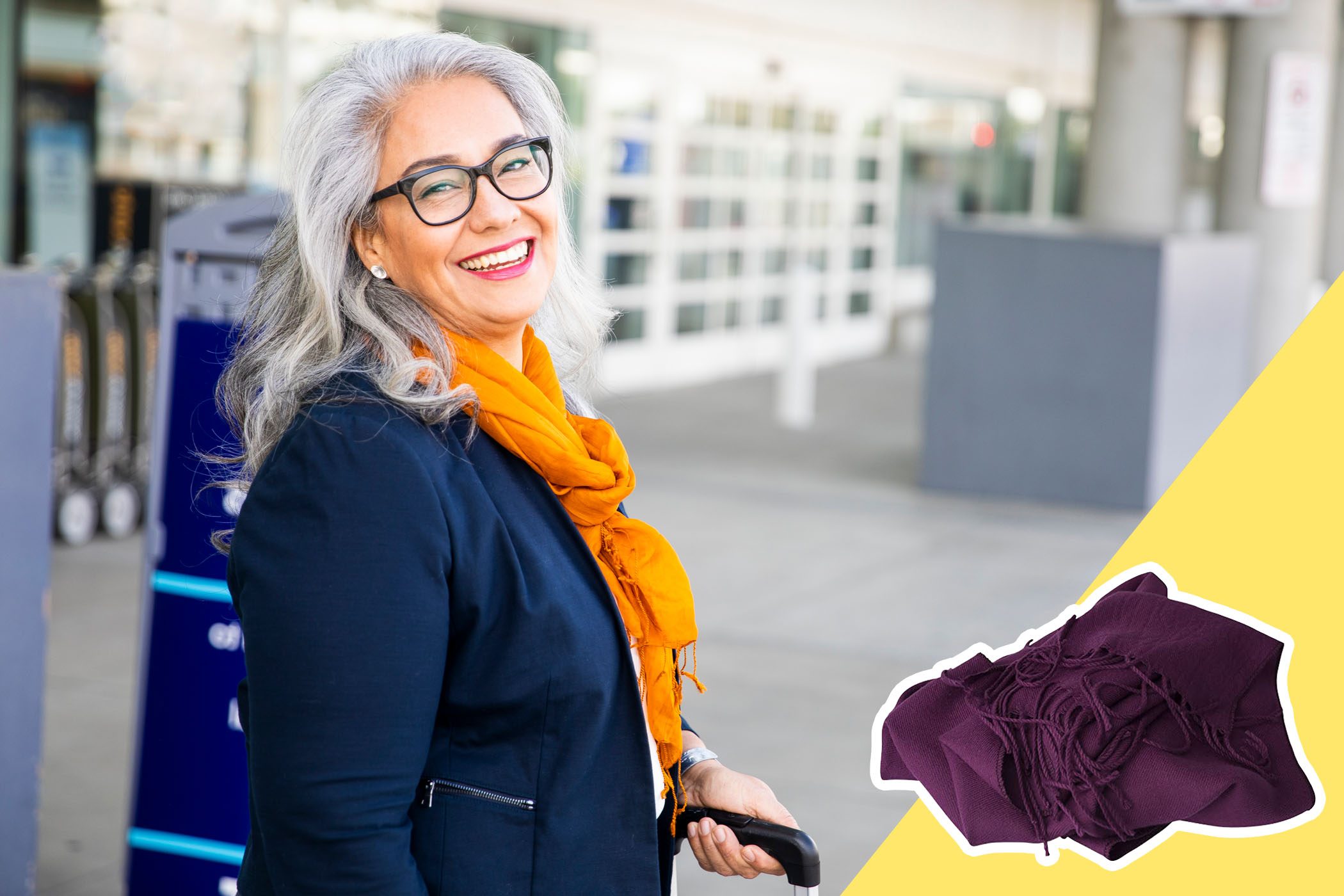 woman wearing scarf at airport with inset of scarf to buy