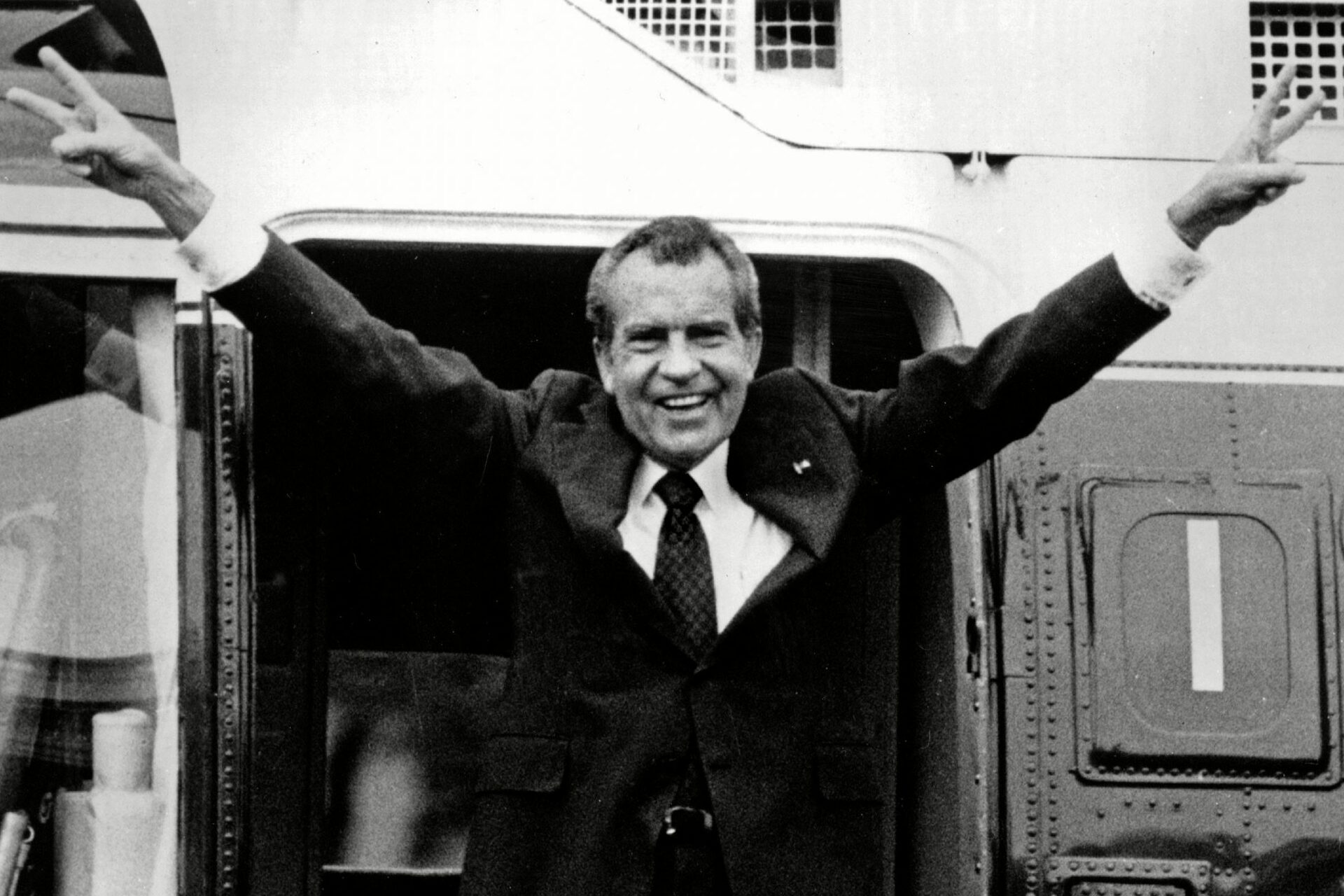 Mandatory Credit: Photo by Bob Daugherty/AP/Shutterstock (5940280a) Richard M. Nixon Richard Nixon waves goodbye with a salute to his staff members outside the White House as he boards a helicopter and e resigns the presidency on Aug. 9, 1974. He was the first president in American history to resign the nation's highest office Nixon Resignation-Tapes, Washington, USA