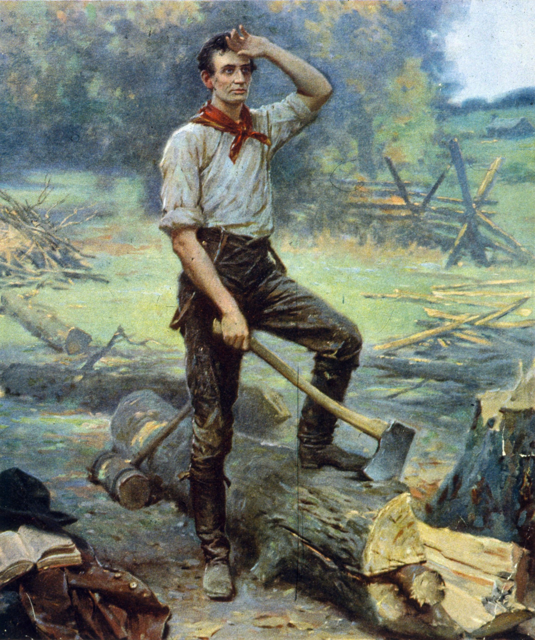 Abraham Lincoln at work cutting logs