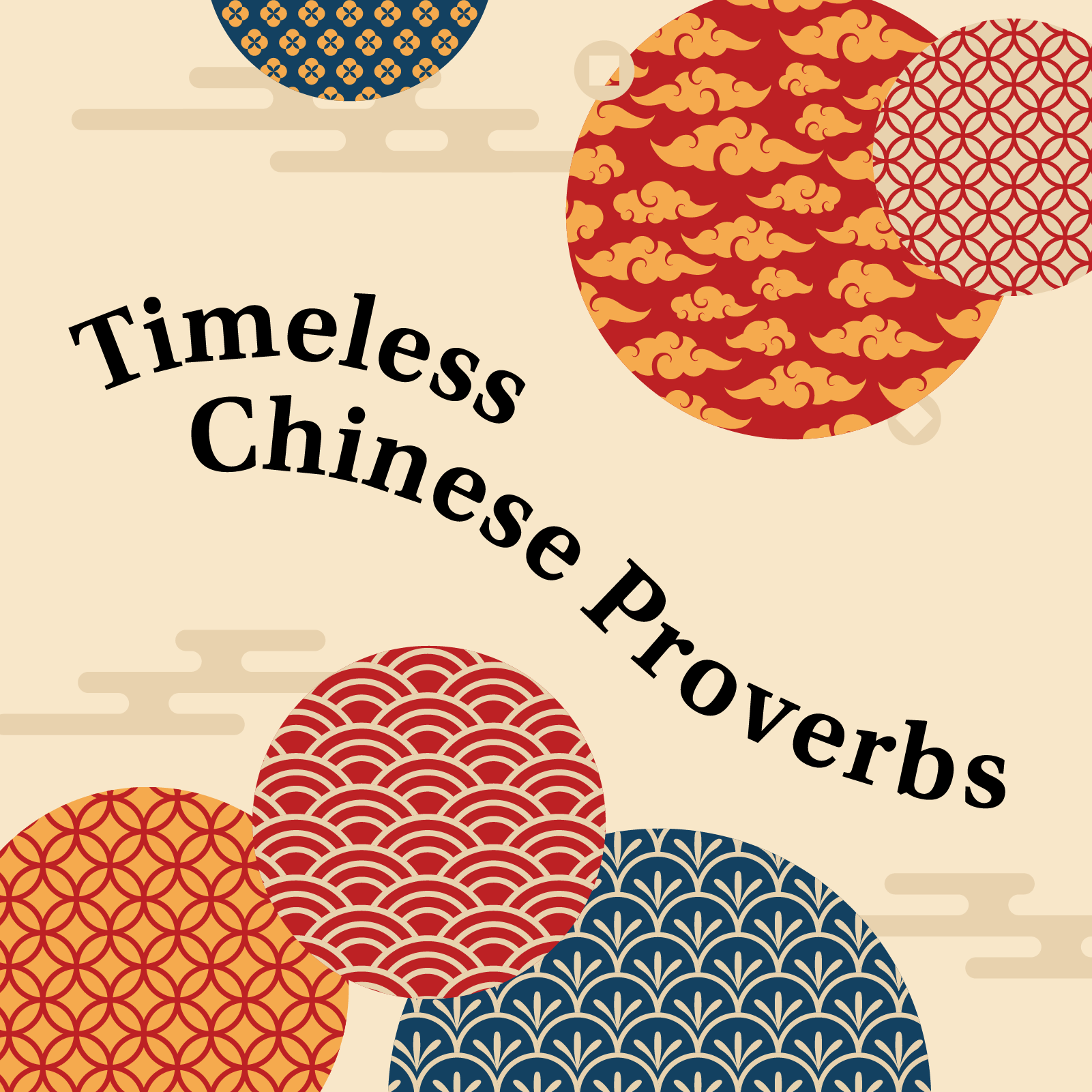 Patterned background with Chinese fabrics and text: Timeless Chinese Proverbs