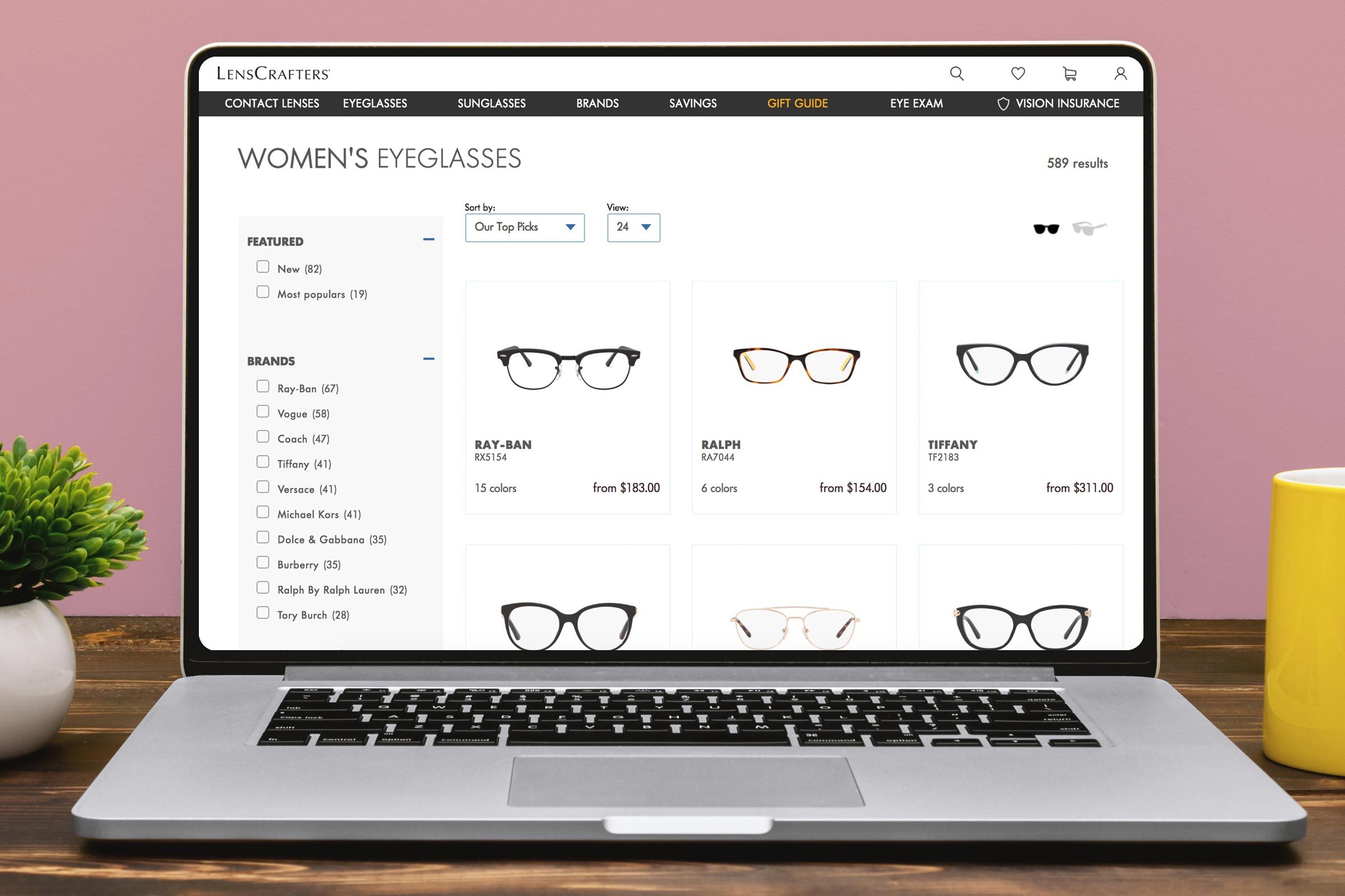 Screenshot of glasses website