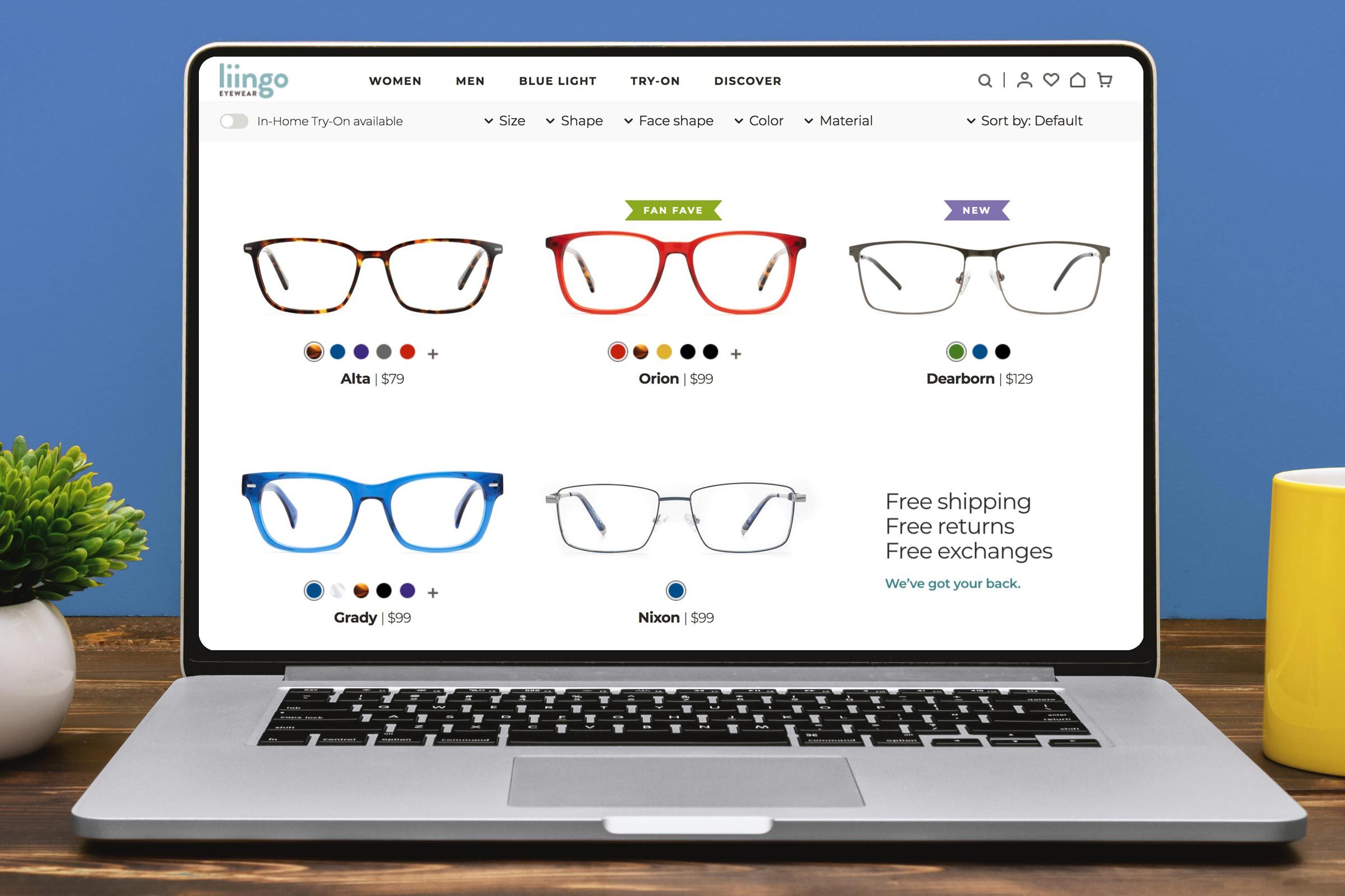 Screenshot of glasses website