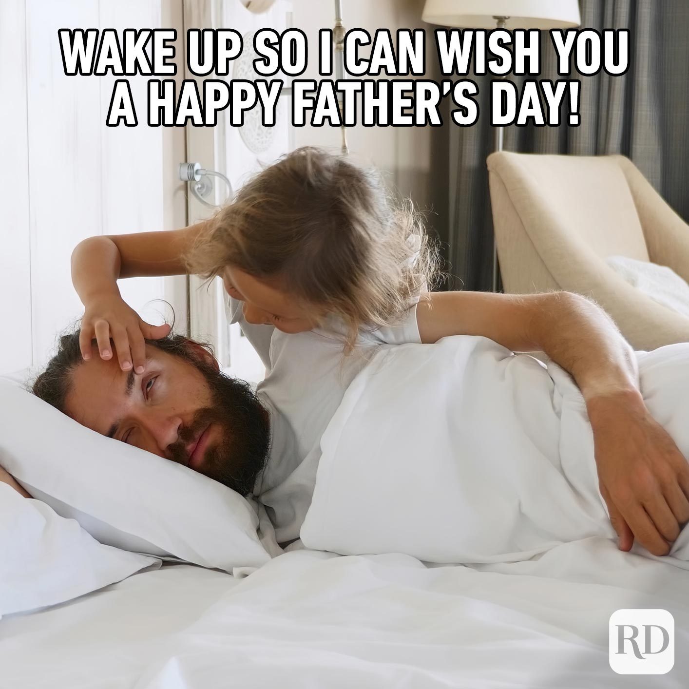 Girl trying to open her father's eye as he sleeps. Meme text: Wake up so I can wish you a Happy Father's Day!