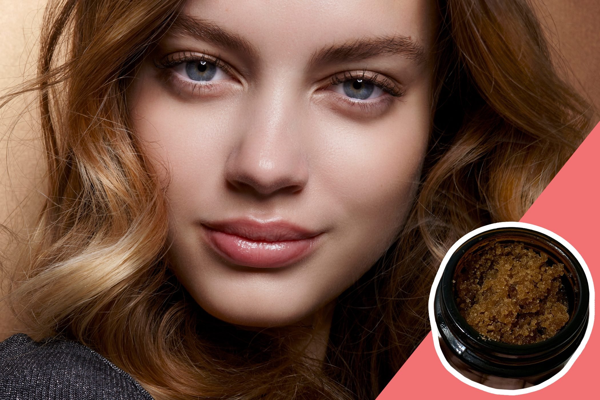 inset of Lip scrub on photo of woman with natural make up