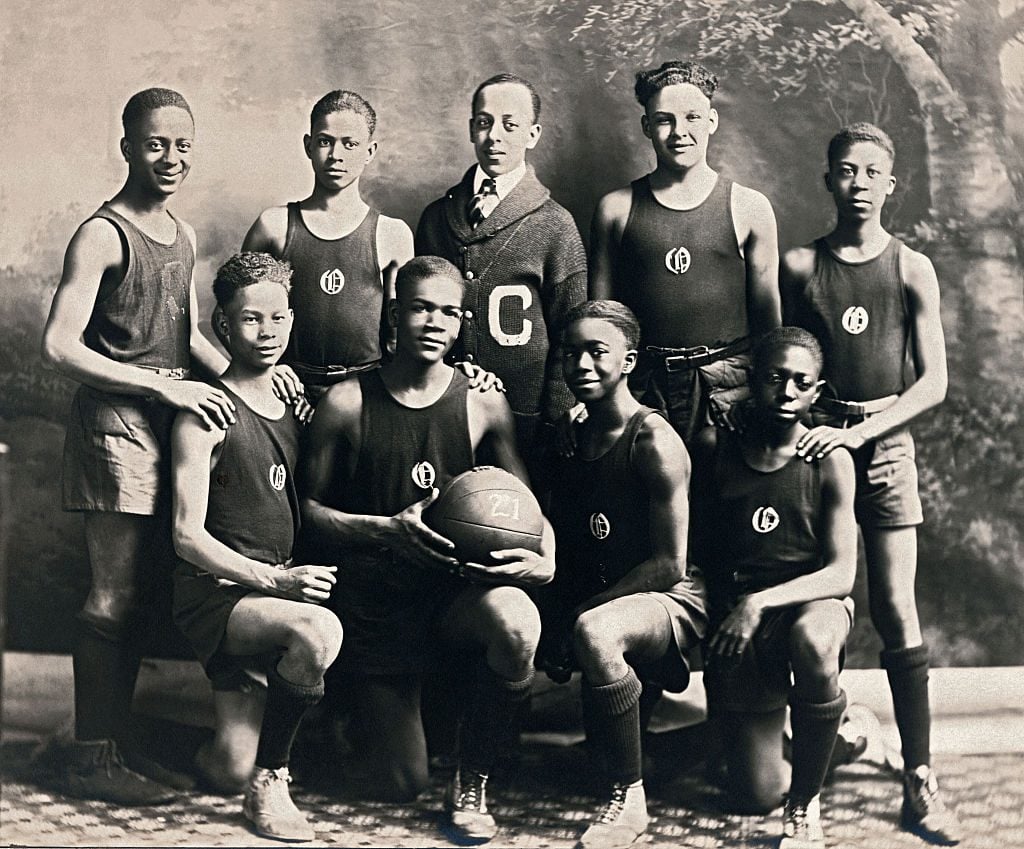 Team photo of African American basketball team at Oliver High School