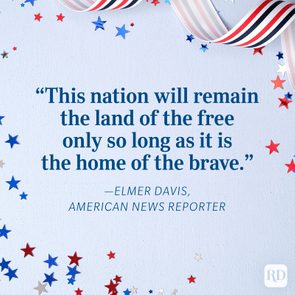 Patriotic Elmer Davis 4th Of July Quote against light blue background with red, white and blue designs