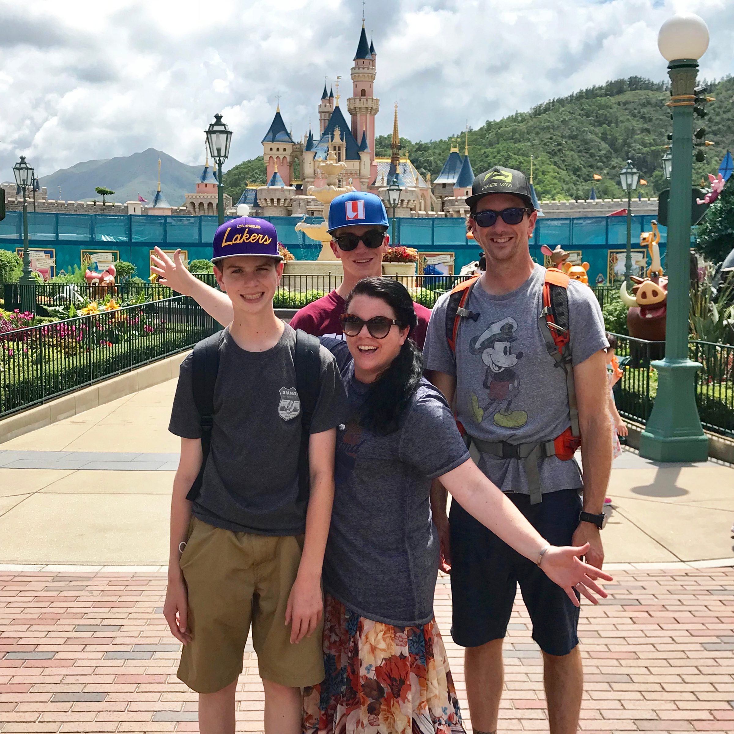 Heather Sievers and family at disneyland hong kong park