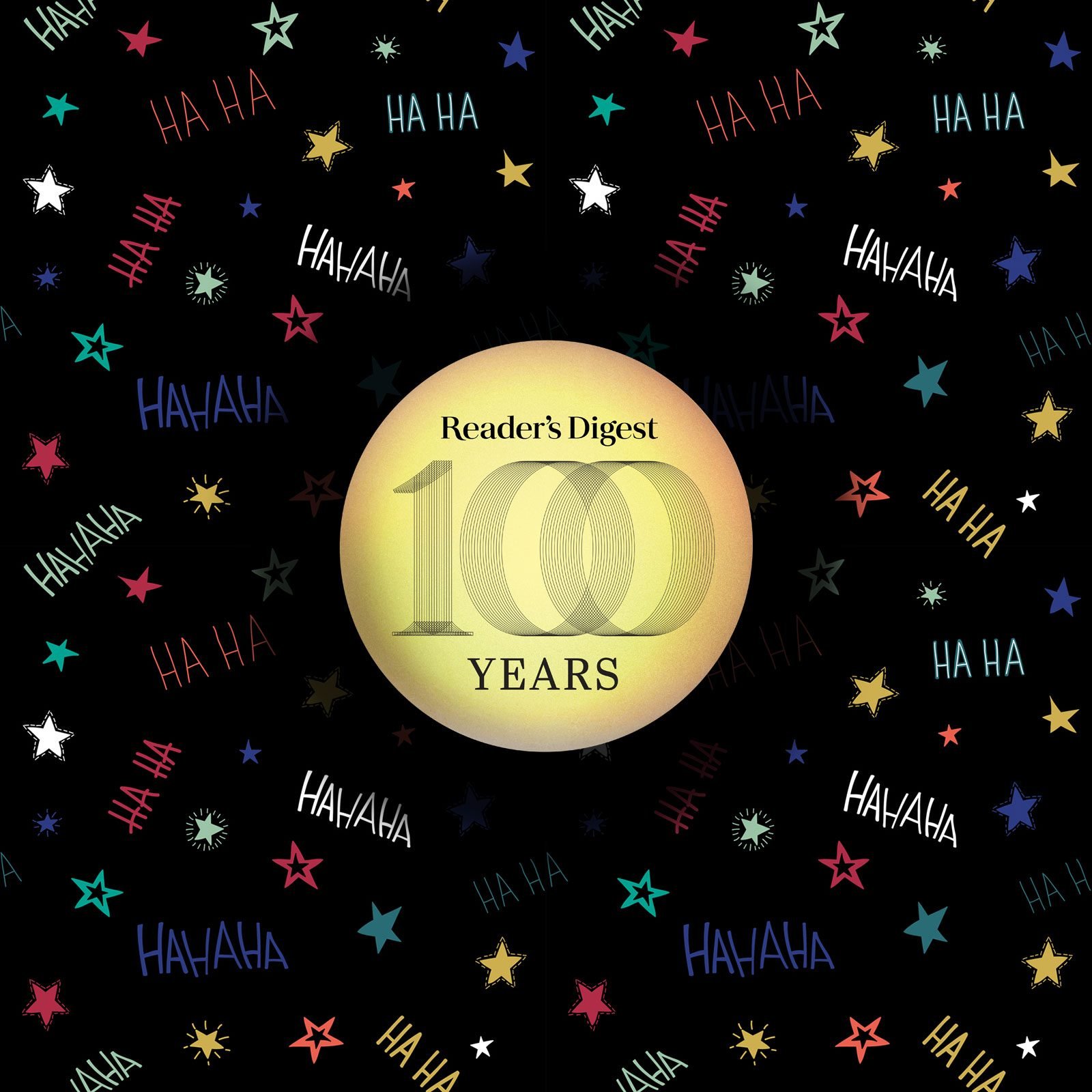 Reader's Digest 100 Years logo over a black background with doodles and "haha" creating a pattern