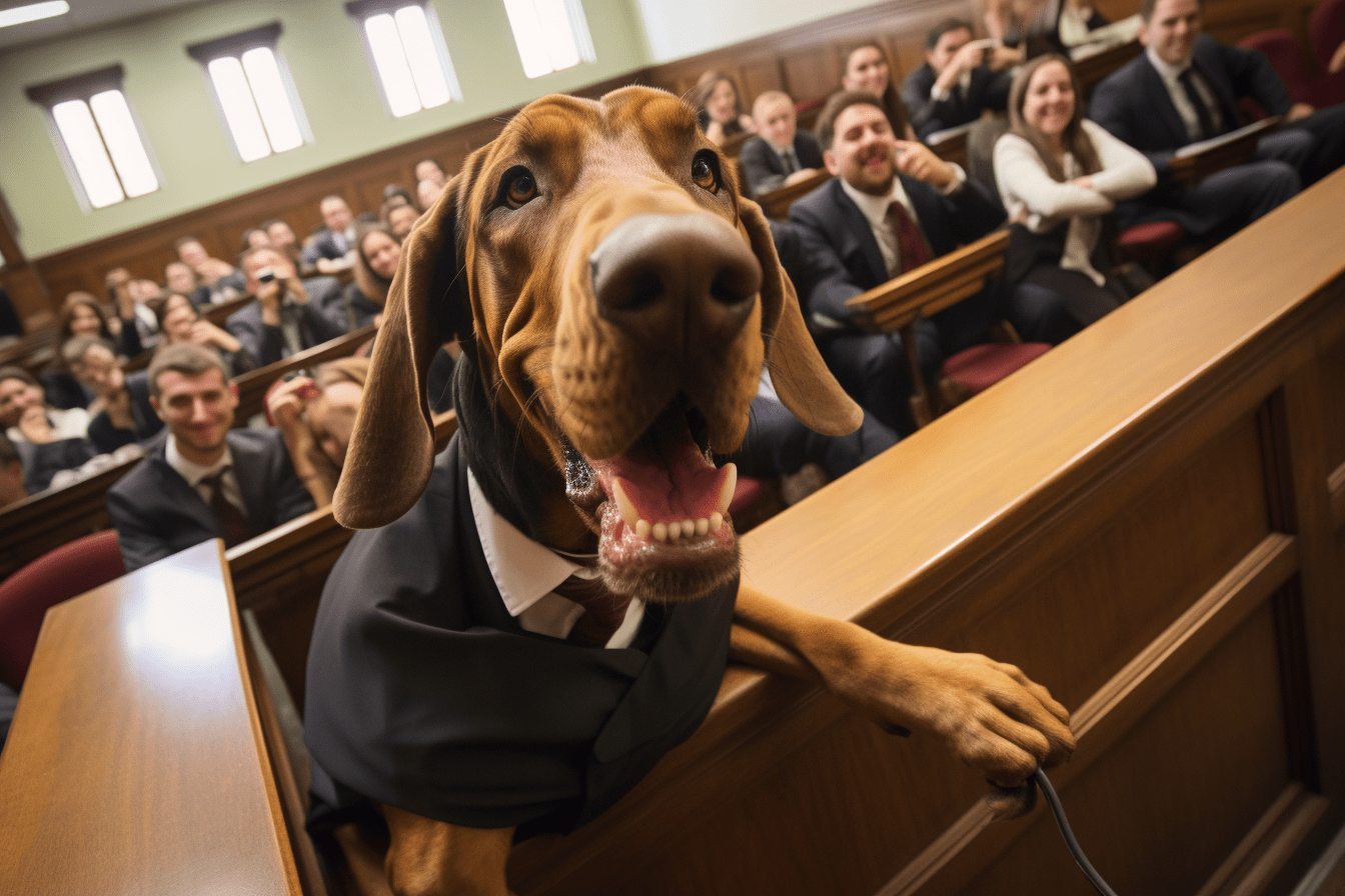 Bloodhound dressed in a suit taking a selfie on the witness stand in a courtroom