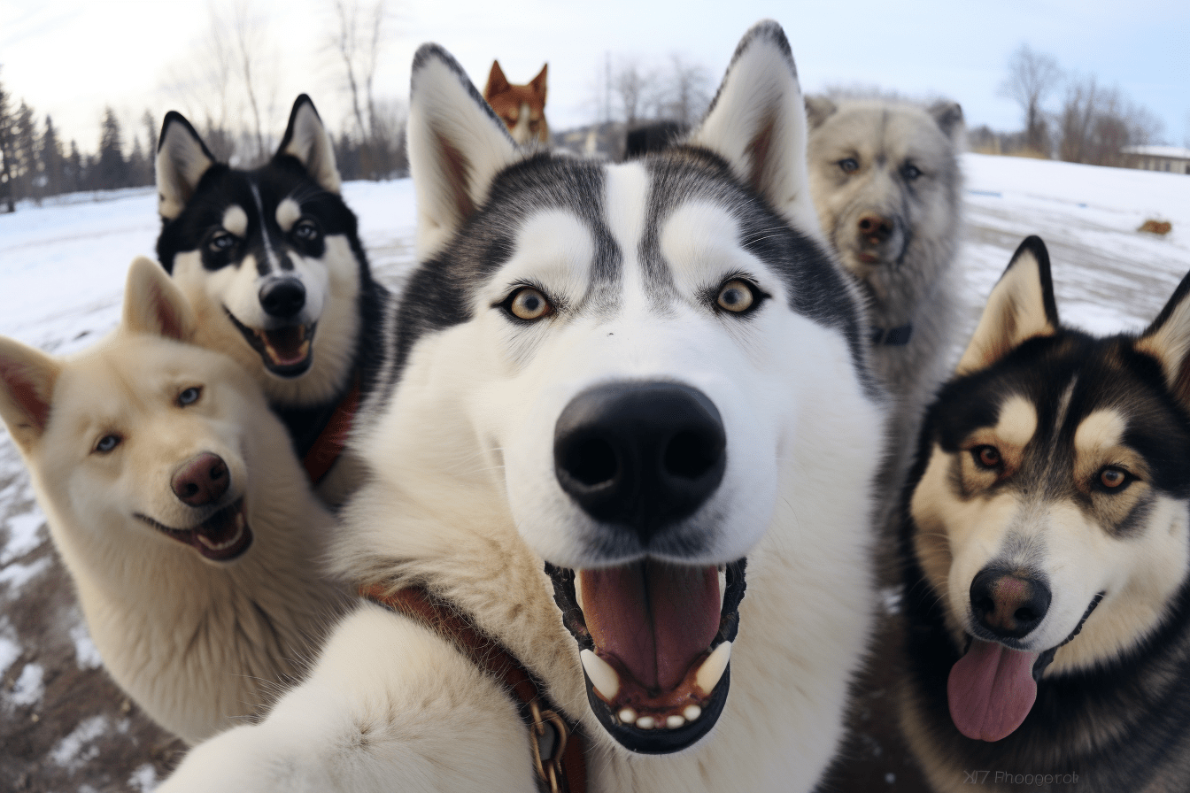 Husky taking a selfie with other huskies outdoors in a snowy landscape