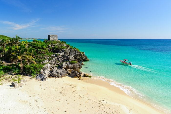 God of Winds (Dios del Viento) Temple in a sunny day. Ruins of Tulum, a pre-Columbian Mayan walled city in Yucatán Peninsula on the Caribbean Sea in the state of Quintana Roo, Mexico.