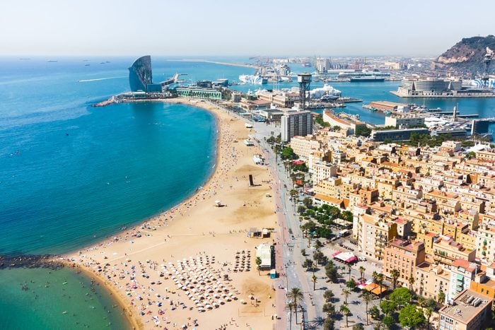 Aerial view of la Barceloneta Beach in the city of Barcelona