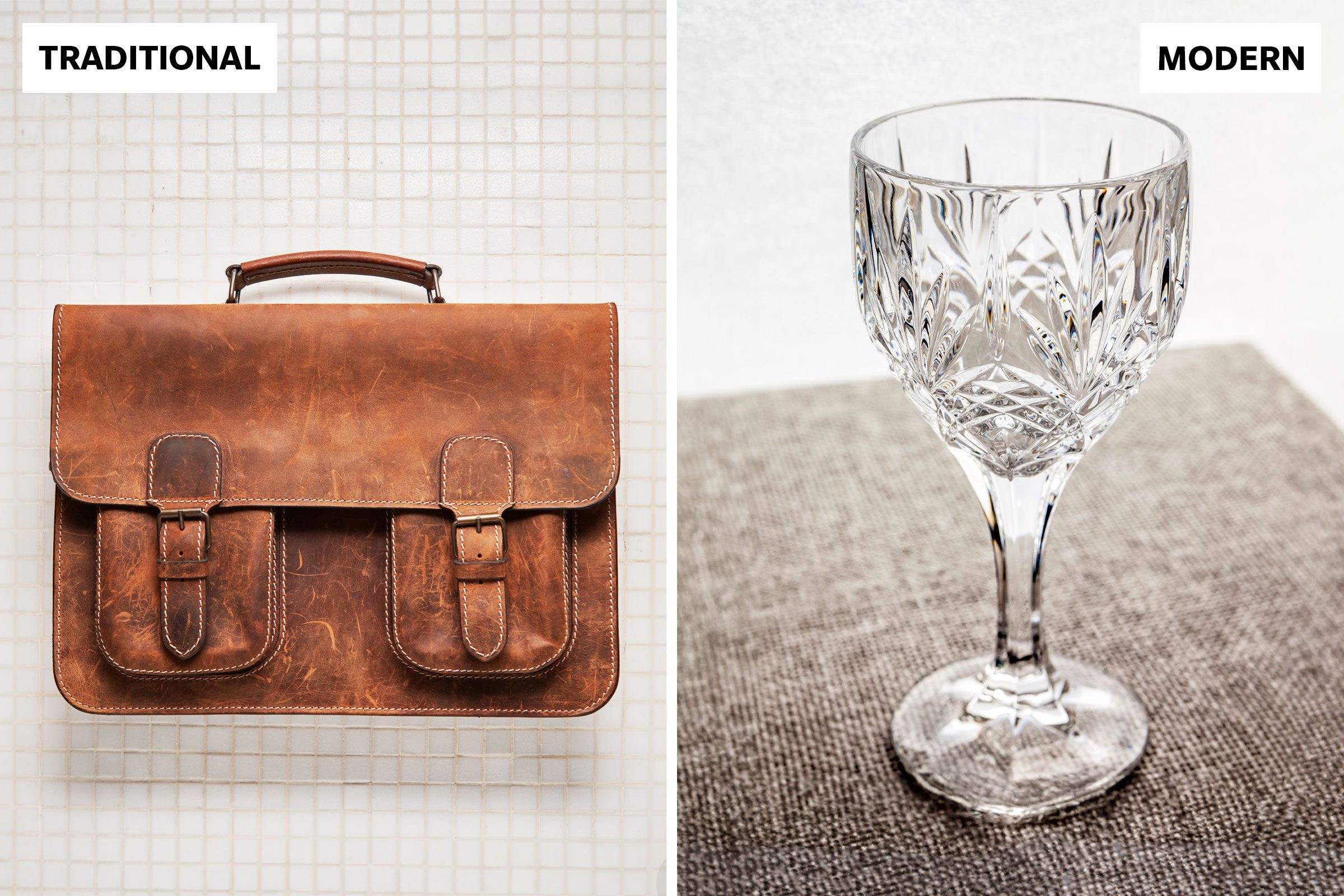 Leather bag And Crystal wine glass