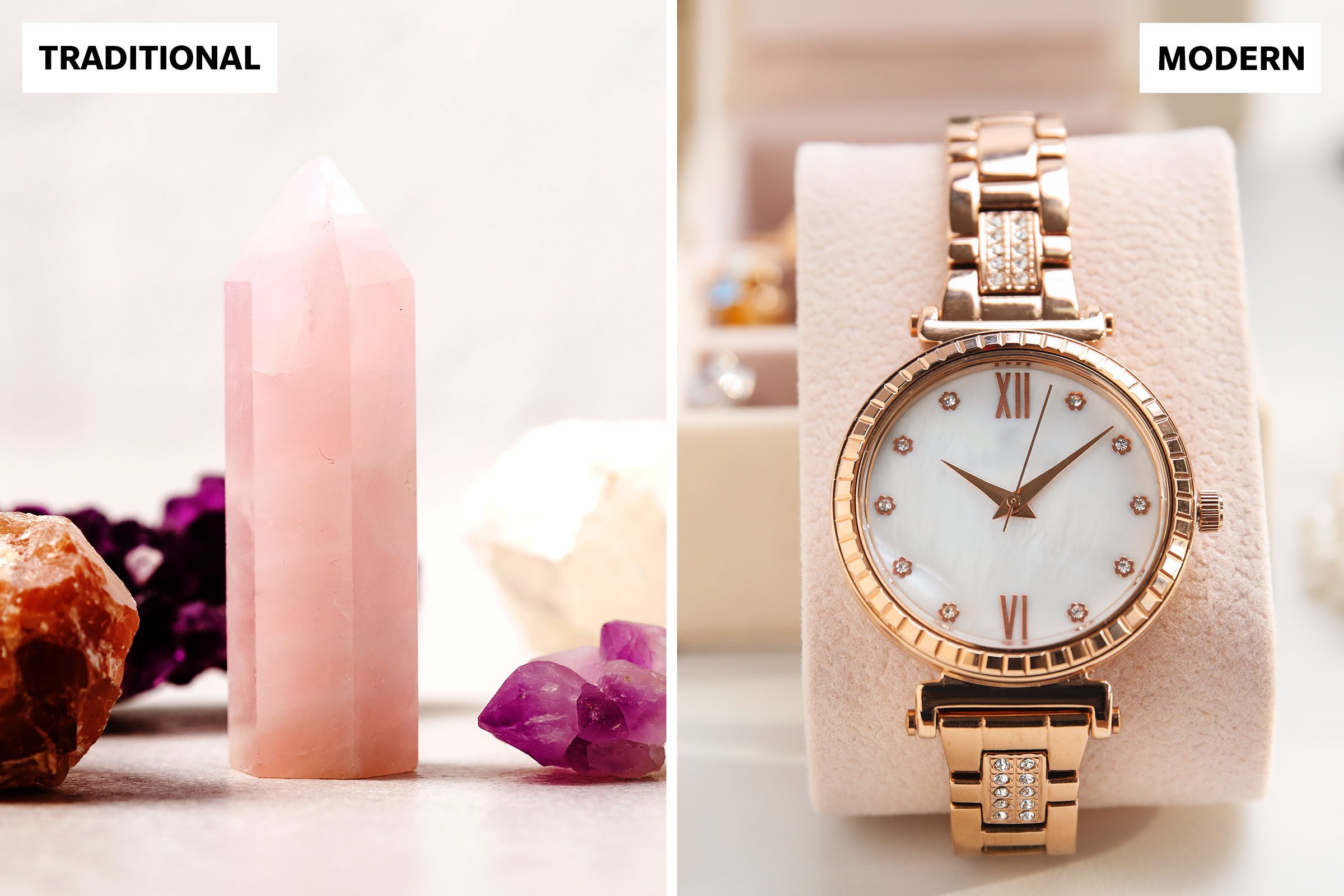 pink rose quartz crystal and a wrist watch as gifts for 15th anniversary