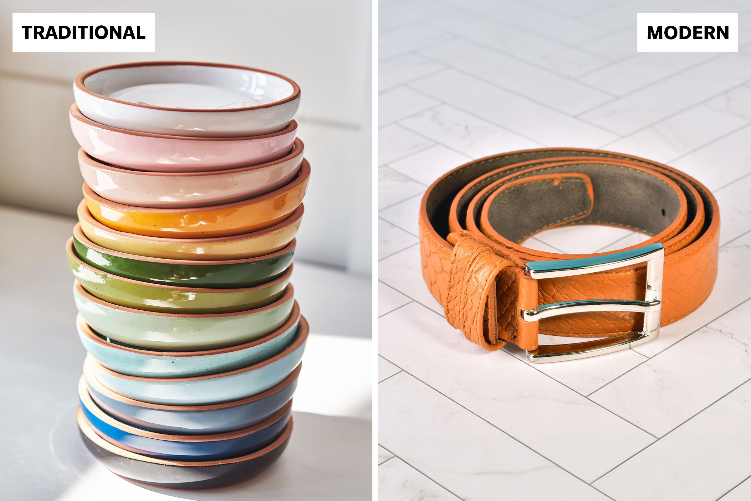 stack of rainbow pottery and a leather belt