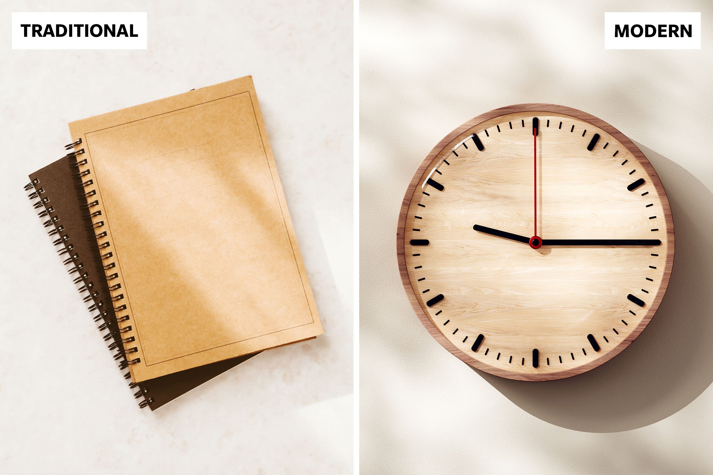 split screen of a paper journal and a clock