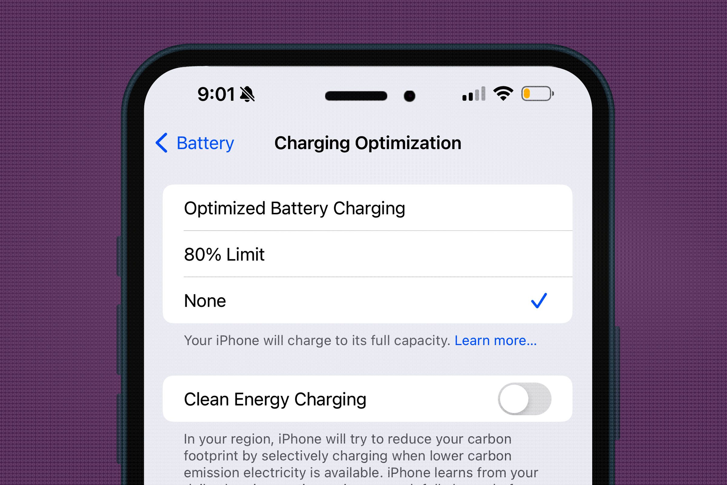 screenshot of turning off battery optimization on iphone
