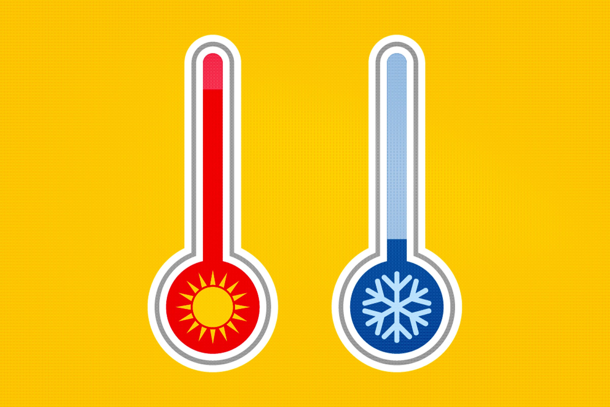 hot and cold thermometer illustration on yellow background