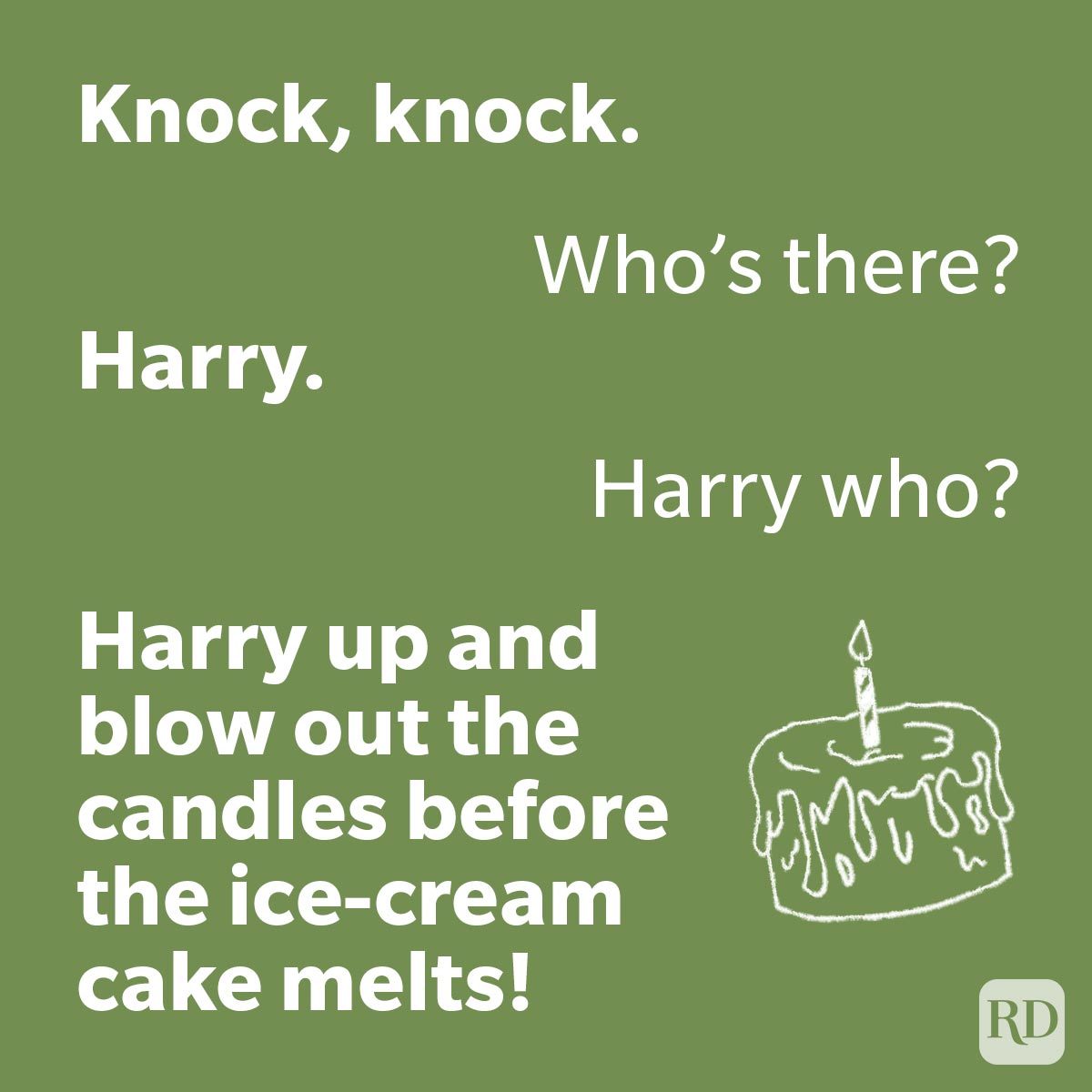 Birthday Jokes That Are Better Than Cake with a melting ice cream cake on green background