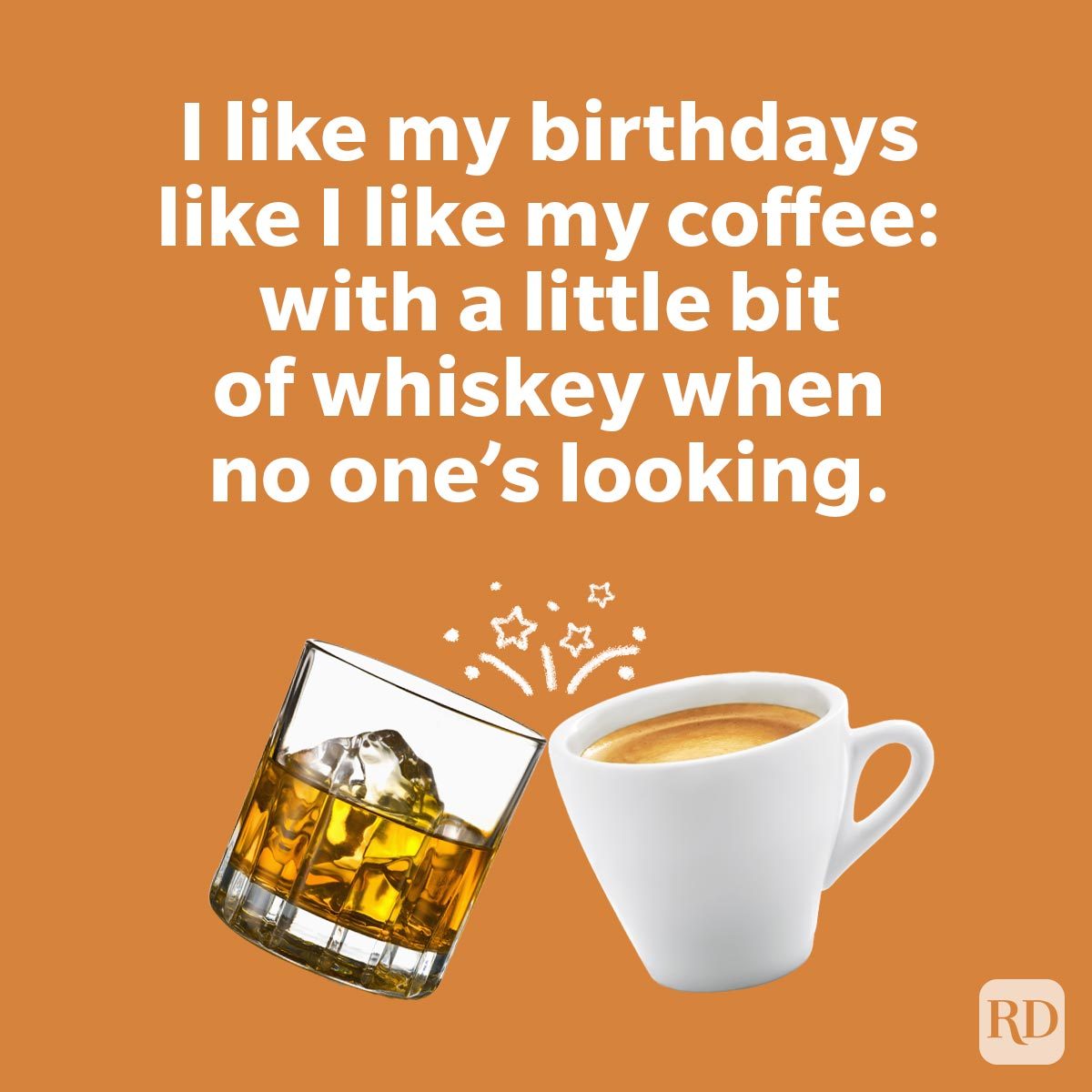 Birthday Jokes That Are Better Than Cake of a whiskey glass and a coffee mug clinking on orange background