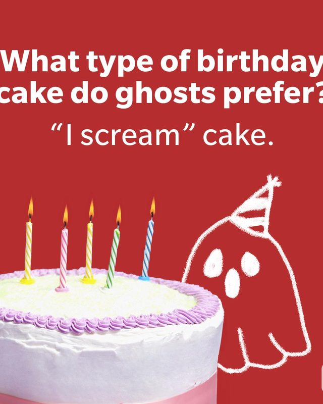 Birthday Jokes That Are Better Than Cake of a ghost screaming ice cream cake on red background
