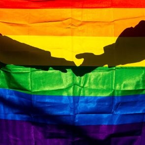 Two women are holding hands against the light through the LGTBI flag.