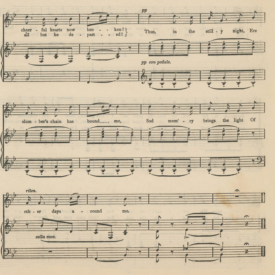 Old engraved illustration of sheet music and lyrics of “Oft in the Stilly Night” by Thomas Moore - the poem's melancholic tone conveys a sense of nostalgia and longing for a time that is gone forever