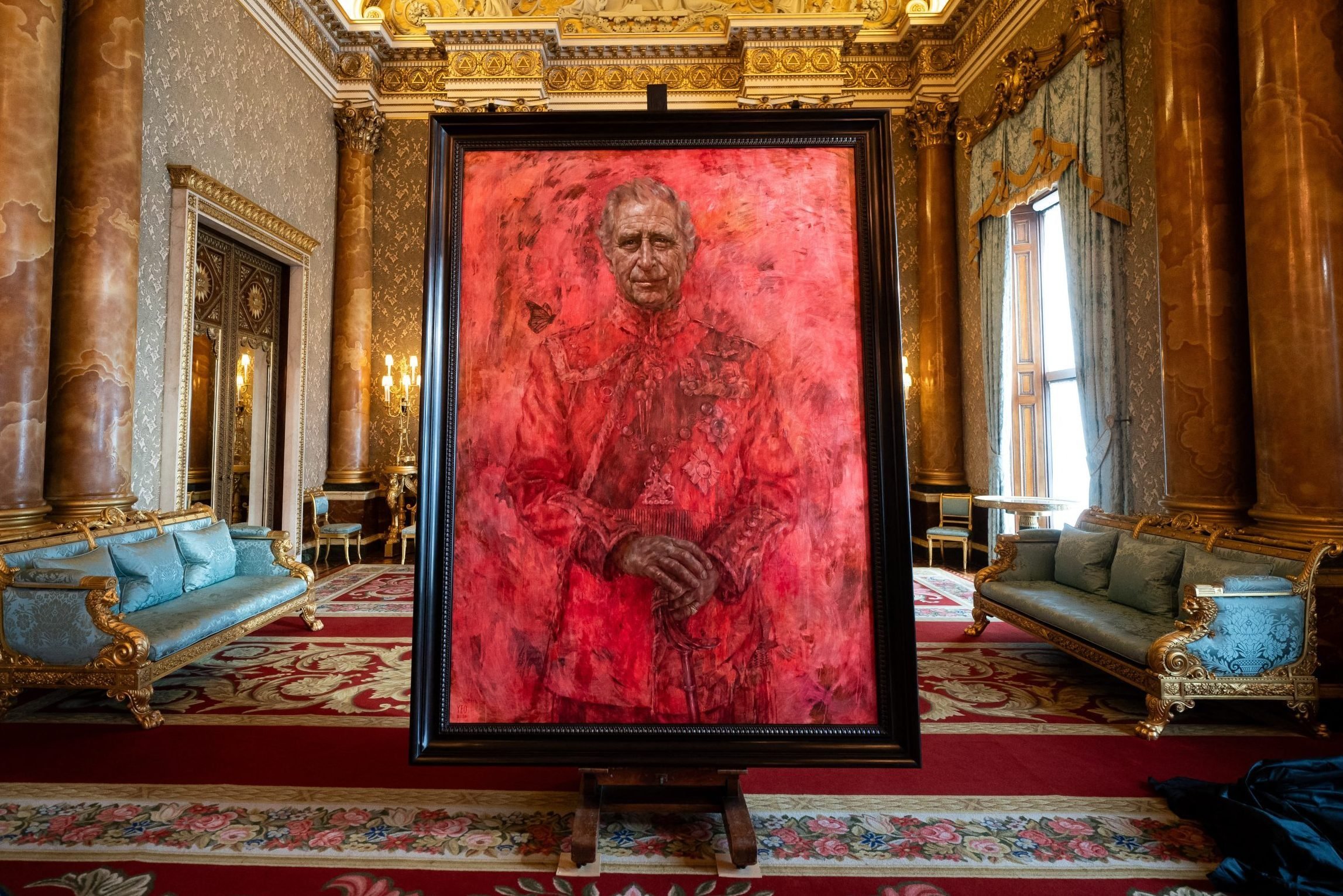 An official portrait of King Charles III, painted by artist Jonathan Yeo, is pictured during its unveiling, in the Blue Drawing Room at Buckingham Palace in London on May 14, 2024.