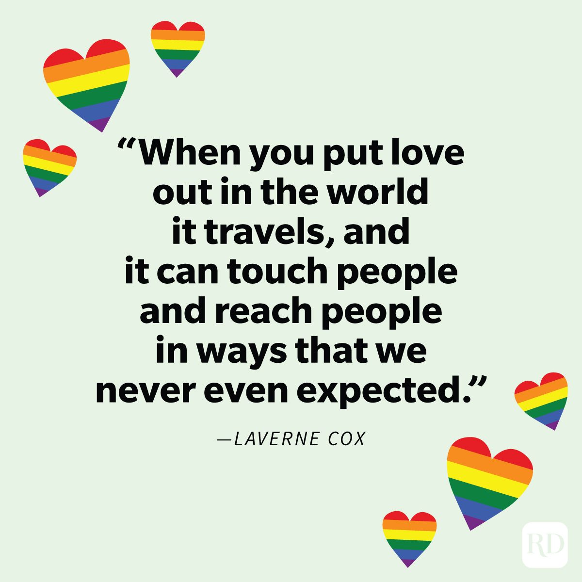 Inspiring Lgbtq+ Quotes To Celebrate Pride Every Day on green background with pride flag in hearts