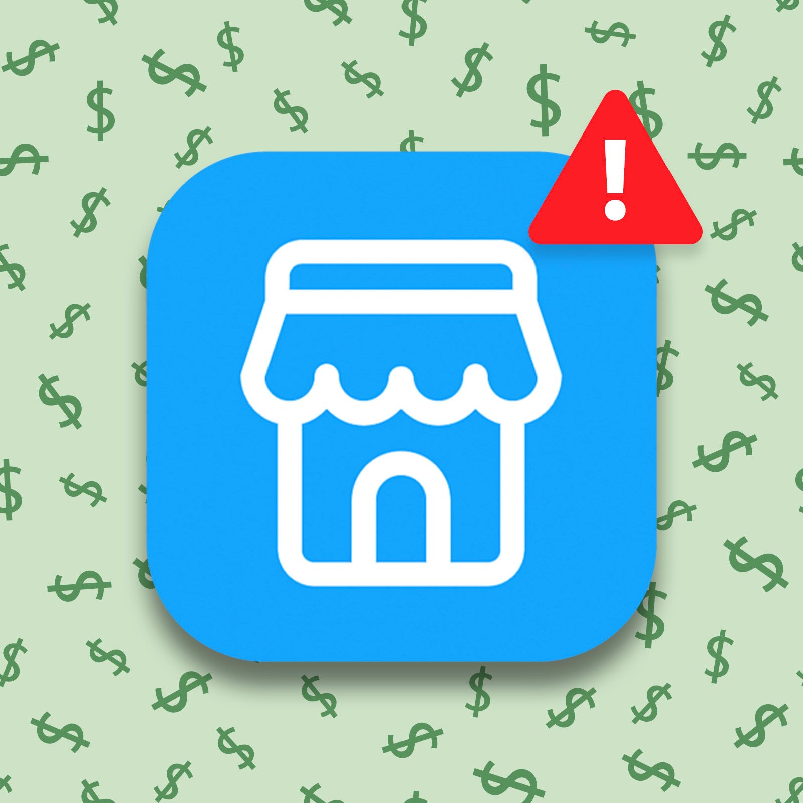 facebook market place logo with warning symbol on a green dollar sign background