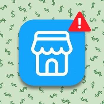 facebook market place logo with warning symbol on a green dollar sign background