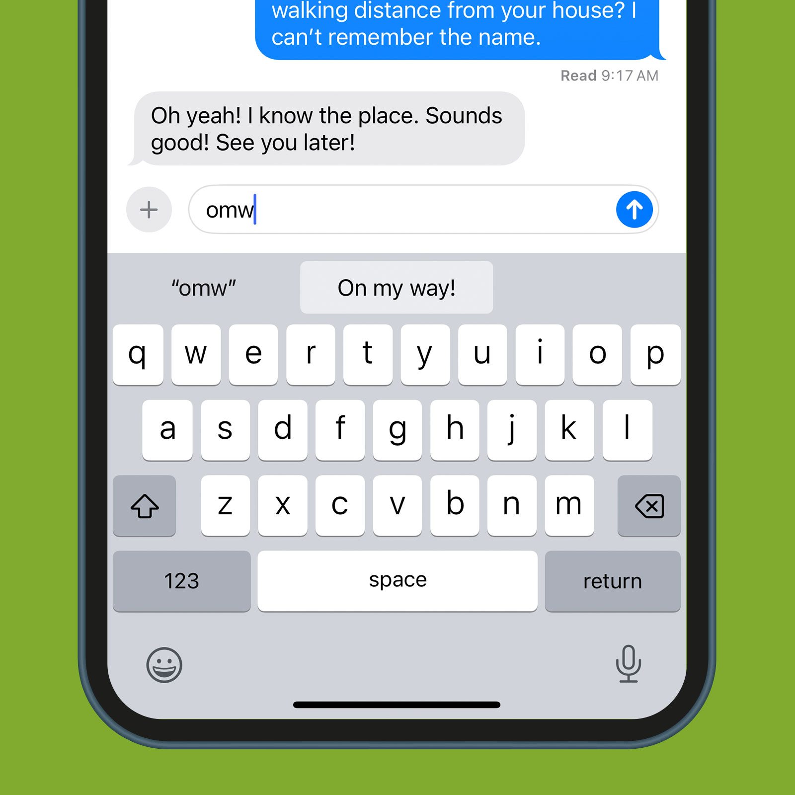 iphone keyboard shortcuts while texting screenshot on a phone on a green background