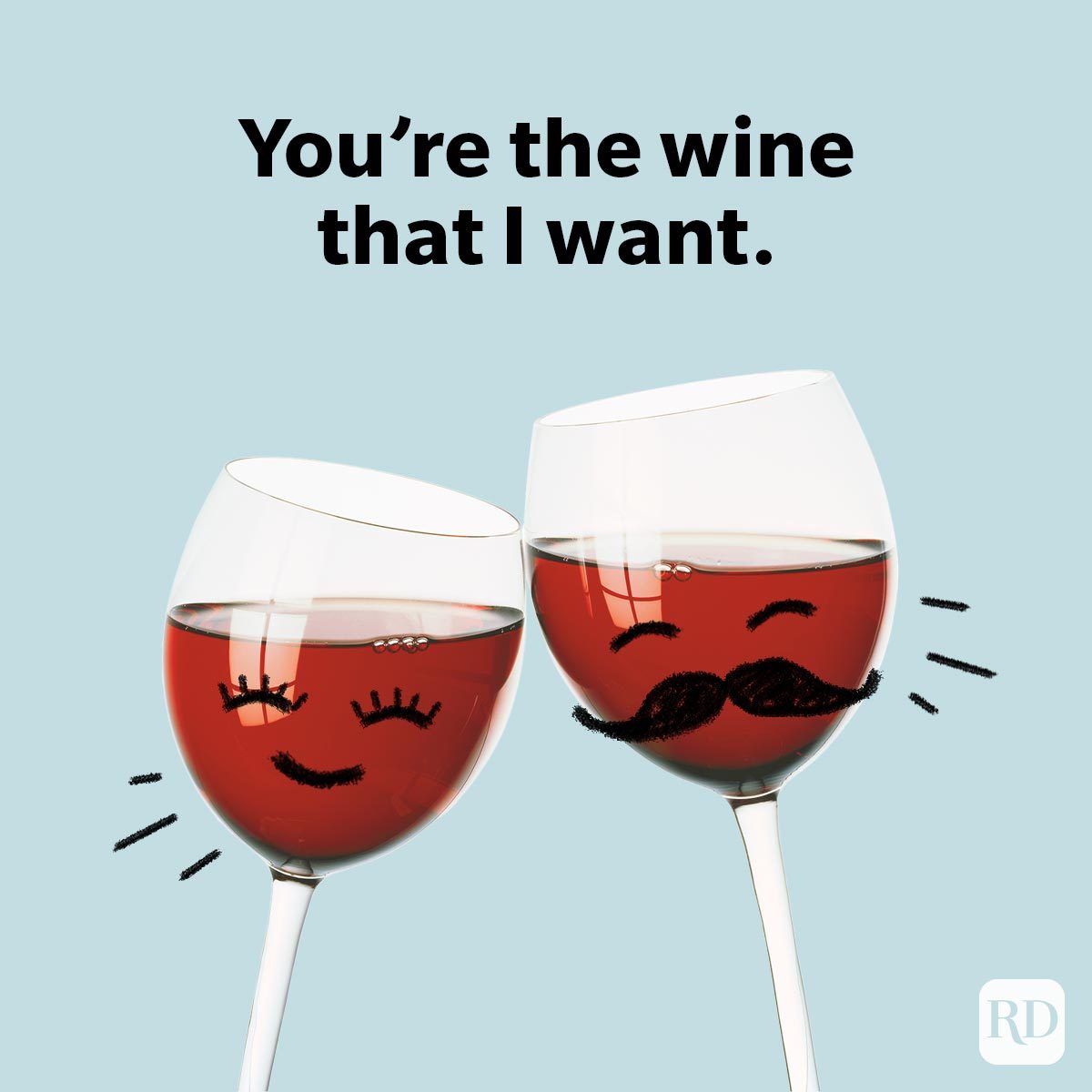 Wine Puns That Are Really Grape two red wine glasses in love on blue background