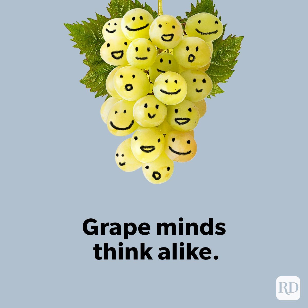Wine Puns That Are Really Grape grapes with smiley faces on them on pale blue grey background