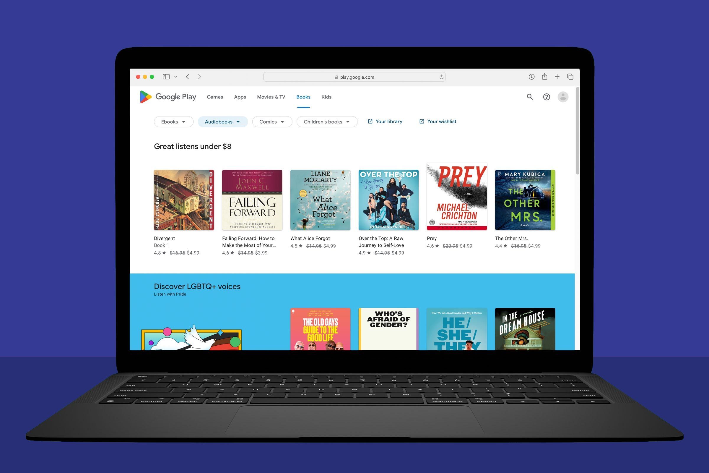Places To Get Audiobooks For Free Online laptop showing Play.google.com on blue background
