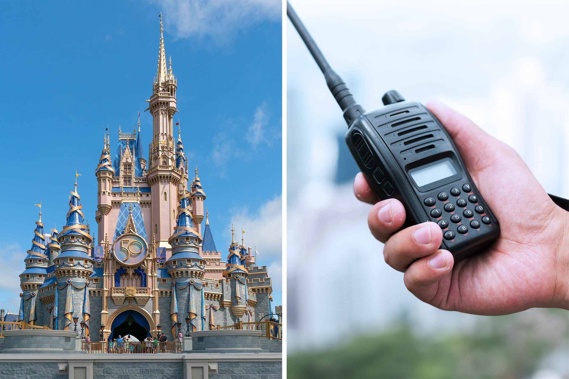 side by side of magic castle at Disney world and an employee holding a walkie talkie radio saying a code word