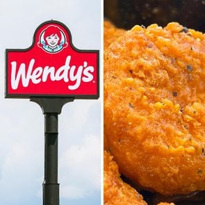 side by side of wendy's sign and close up of new saucy nuggs