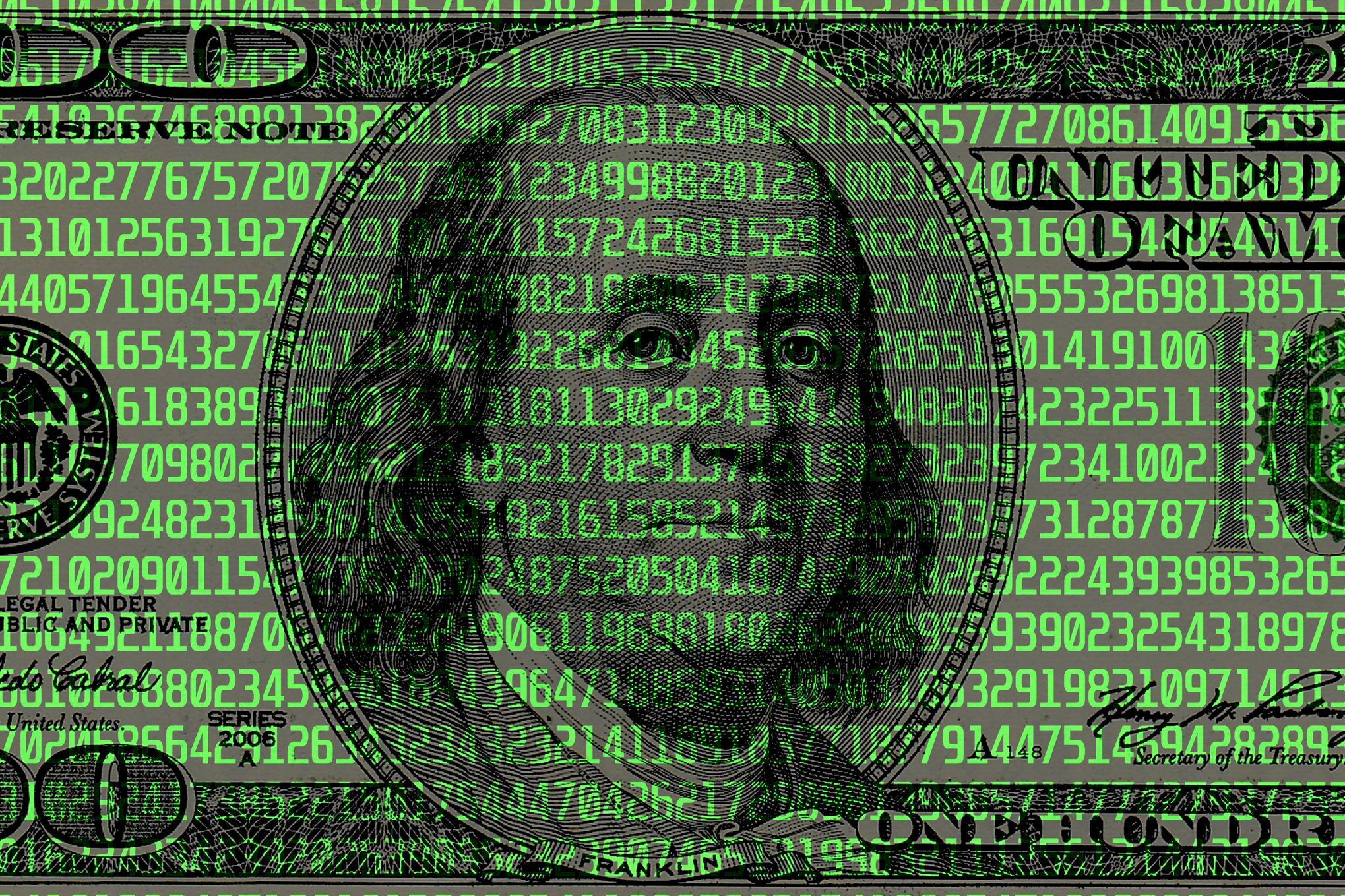 Digital code on the background of a 100 US dollar bill. Hacker attacks